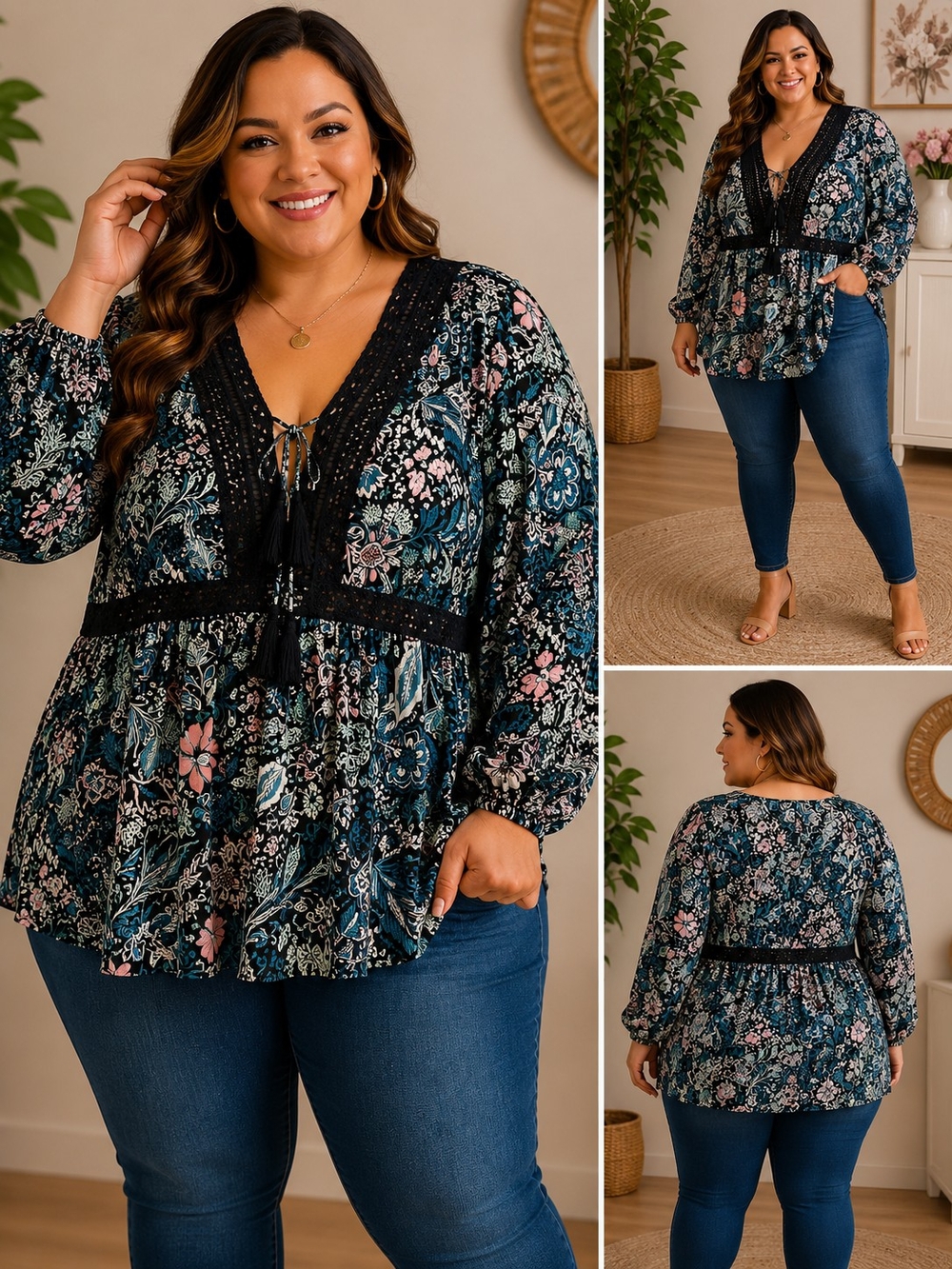 torrid Black Floral Lace-Trim Peasant Tunic with Pink & Teal Accents